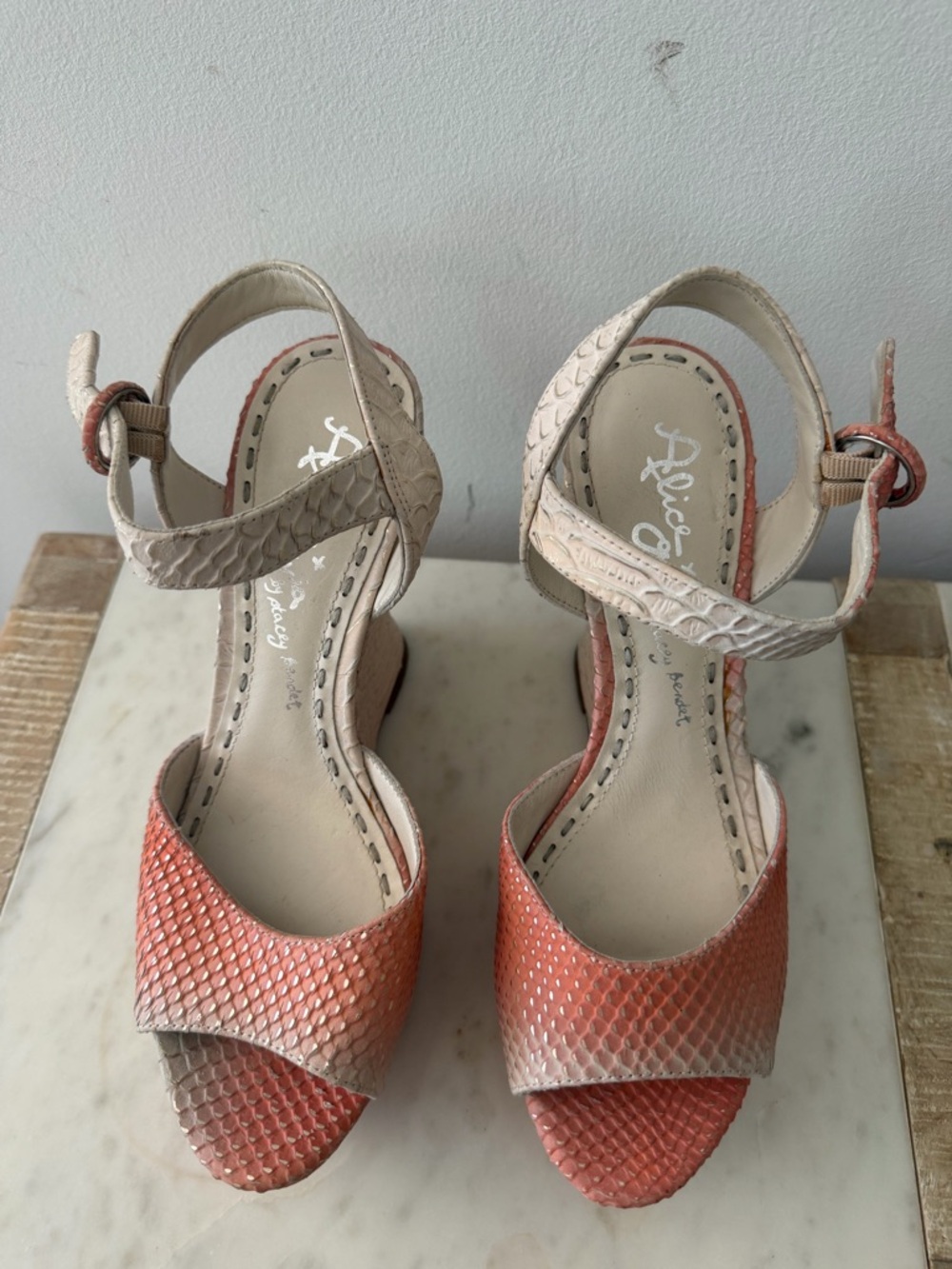 Alice + Olivia Coral and Cream Snake-Print Ankle-Strap Block Heels